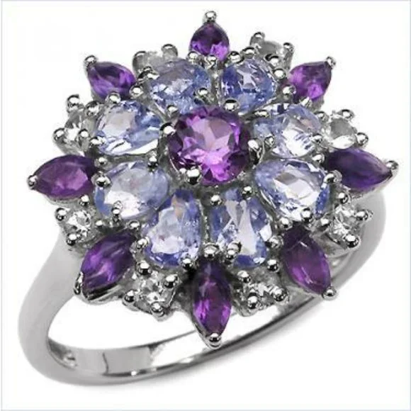 Purple Amethyst and Tanzanite fashion Gemstone Ring Solid Sterling Silver